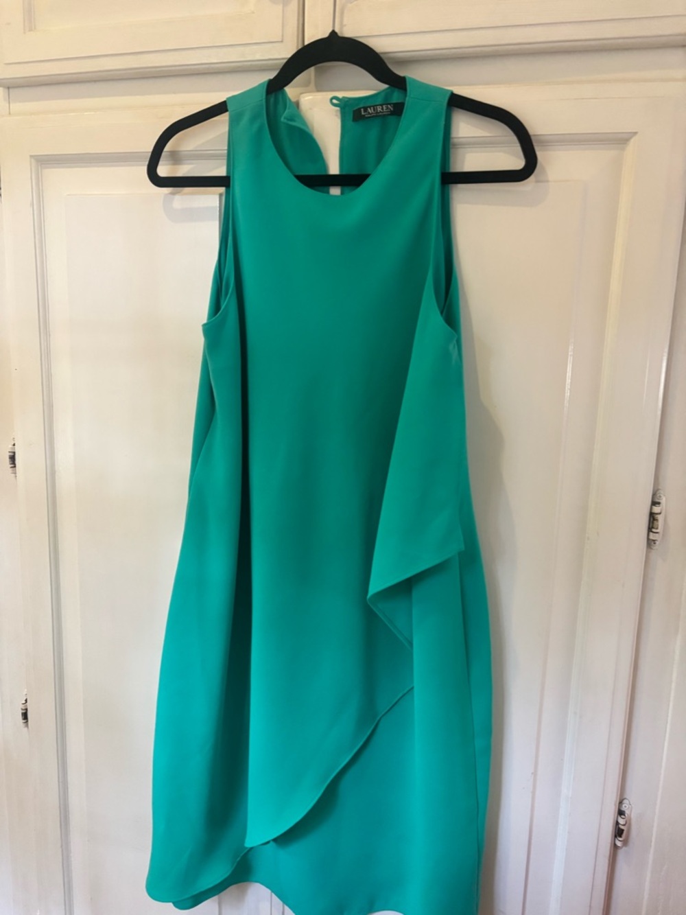 Ralph Lauren Teal Sleeveless Asymmetric Overlay Dress summer wedding guest